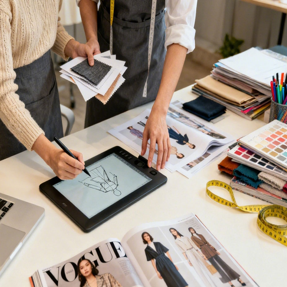 The sales team collaborates with pattern makers to develop sweatshirt designs.
